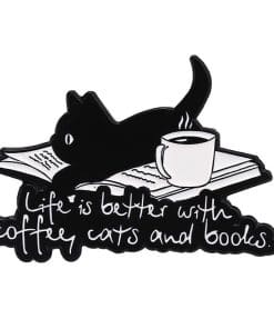 Black Cat 'Life is Better With Coffee and Books' Enamel Pin
