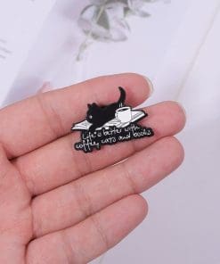 Alternative view of Black Cat 'Life is Better With Coffee and Books' Enamel Pin