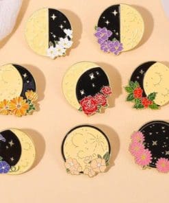 Alternative view of Floral Moon Phase 'First Quarter' Enamel Pin