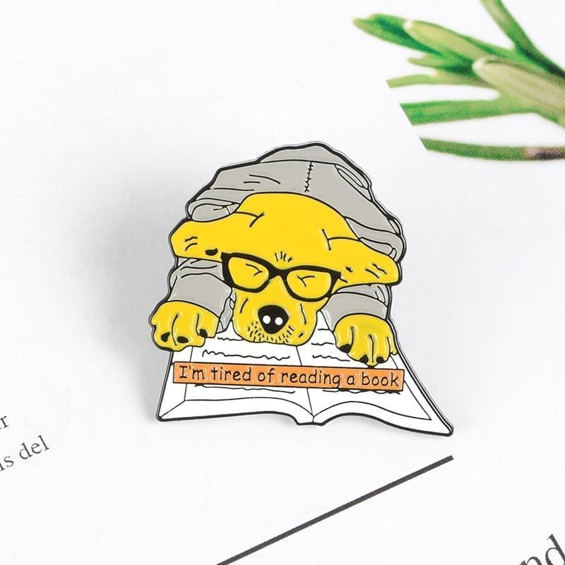 Cute Dog 'I'm Tired of Reading A Book' Enamel Pin - Image 2