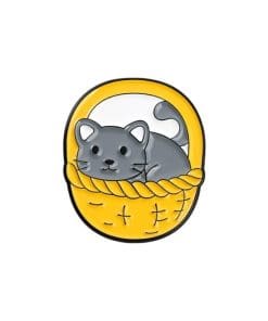 Cute Gray Cat in a Basket Enamel Pin