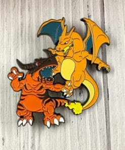 Alternative view of Digimon 'Greymon v Charizard' Enamel Pin