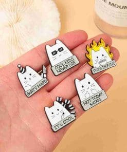 Alternative view of White Cat 'I'm Fine' Enamel Pin