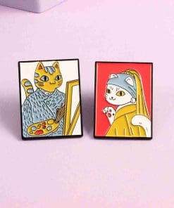 Alternative view of Cat with a Pearl Earring 'Van Gogh Inspired' Enamel Pin