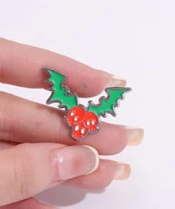 Alternative view of Christmas 'Red Skull Berries and Bat Leaves' Enamel Pin