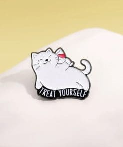 Alternative view of Funny White Cat 'Treat Yourself' Enamel Pin