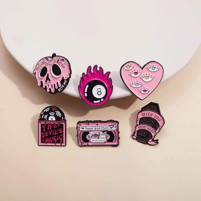 Pink Cassette Tape 'Horror and Chills' Enamel Pin - Image 2