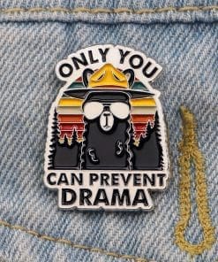 Black Camping Alpaca 'Only You Can Prevent Drama' Enamel Pin - Image 3