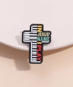 Christian Cross Piano 'In Jesus Name I Play' Enamel Pin - Image 3