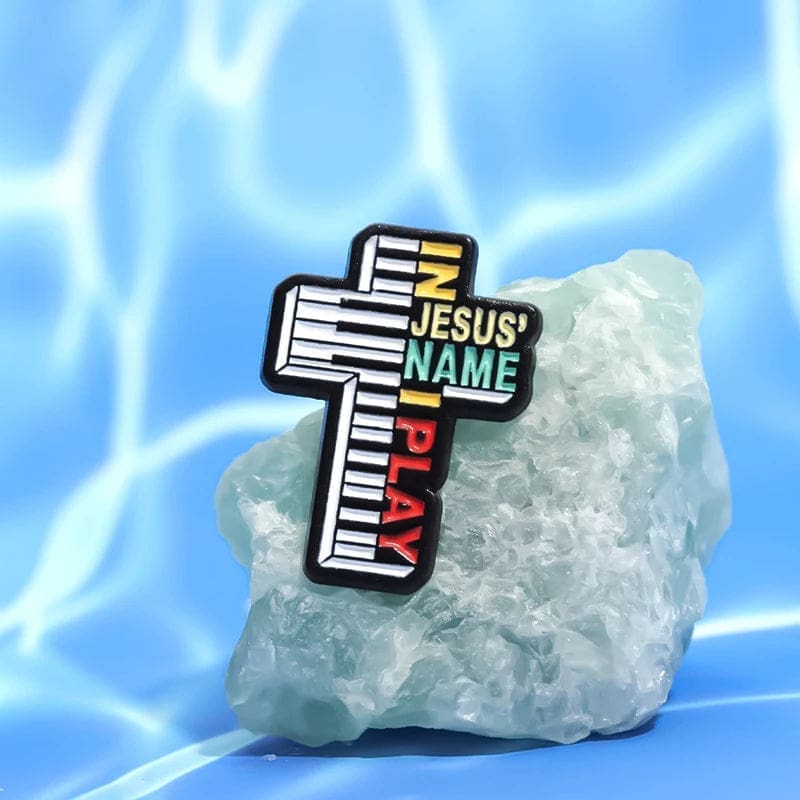 Christian Cross Piano 'In Jesus Name I Play' Enamel Pin - Image 6