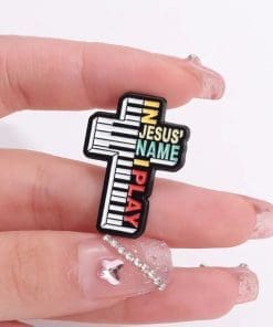 Alternative view of Christian Cross Piano 'In Jesus Name I Play' Enamel Pin