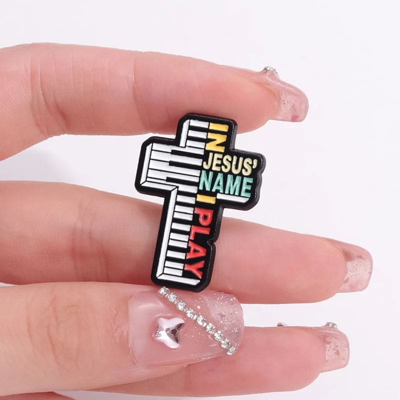Christian Cross Piano 'In Jesus Name I Play' Enamel Pin - Image 2