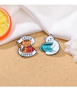 Alternative view of Coffee Lover 'White Cat Drinker' Enamel Pin