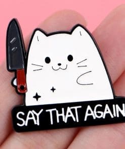 Alternative view of White Cat 'Say That Again' Enamel Pin