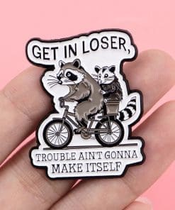Alternative view of Raccoon & Opossum 'Get in Loser | Trouble Ain't Gonna Make Itself' Enamel Pin