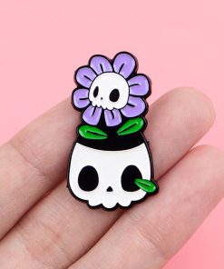 Alternative view of Purple Flower Skull Pot Enamel Pin